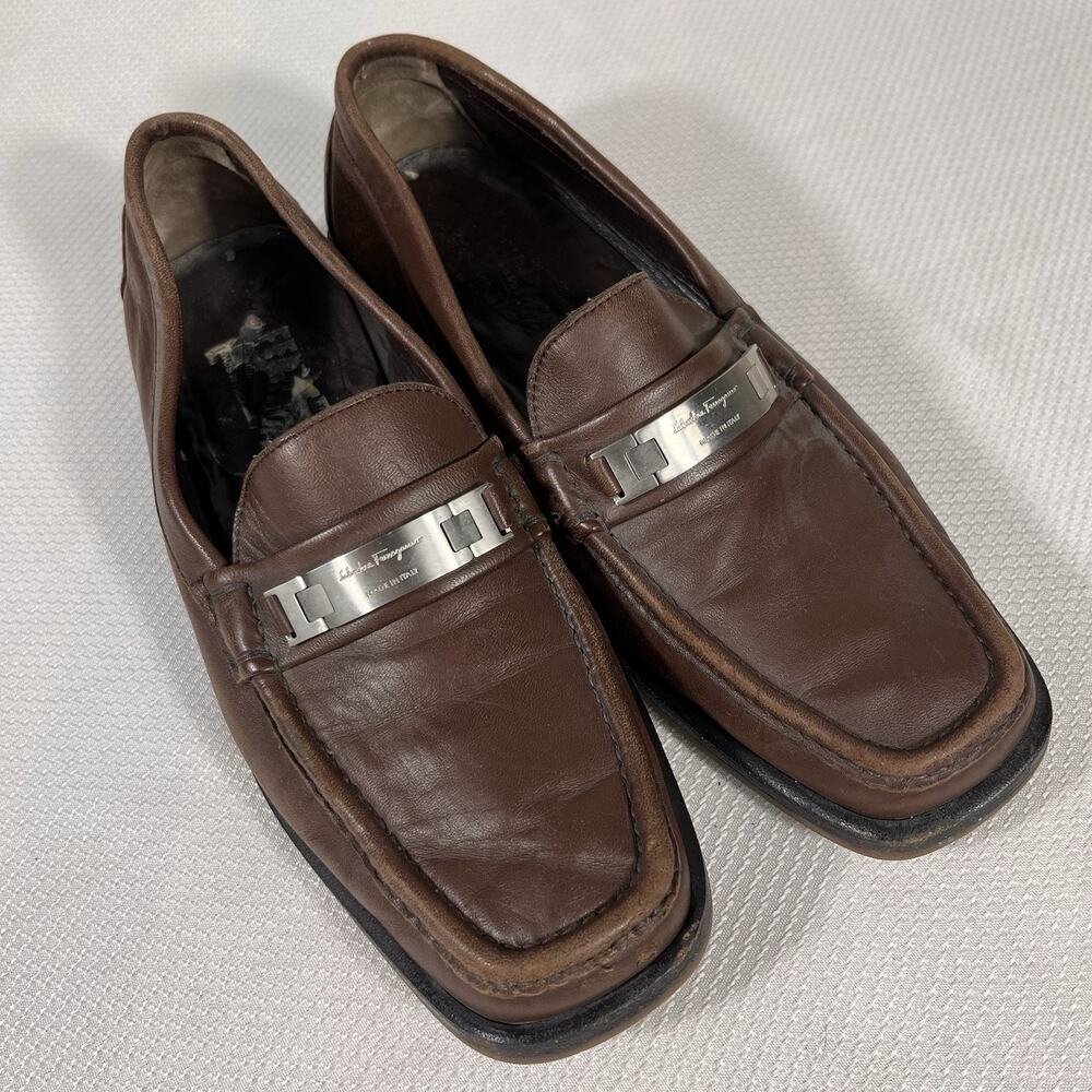 Salvatore Ferragamo Gancini Logo Plate Loafers Brown‎ Leather Men's Size 8.5 D